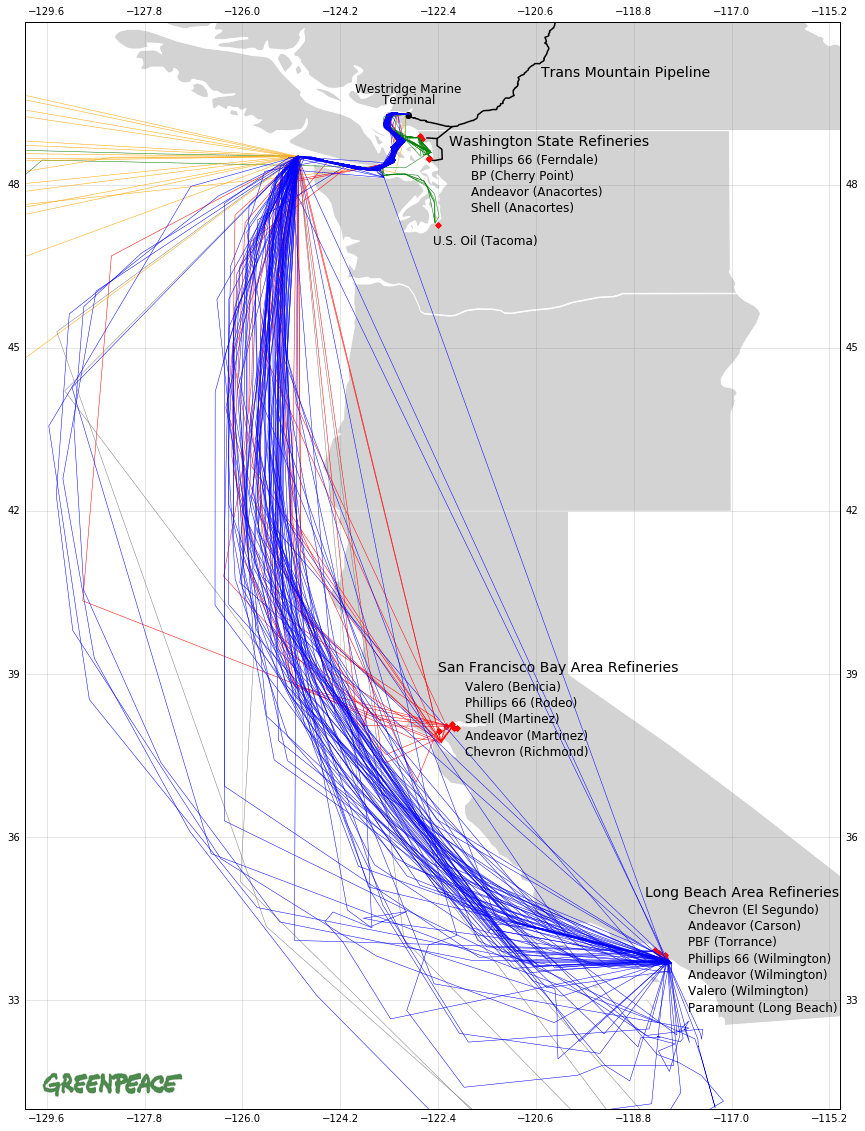 GreenPeace map of increased super tanker traffic carrying bitumen